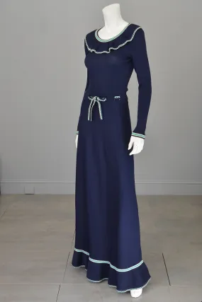 1970s Navy Blue Stripes Ruffles Ribbed Knit Maxi Dress Nautical 1970s Navy Blue Stripes Ruffles Ribbed Knit Maxi Dress Nautical