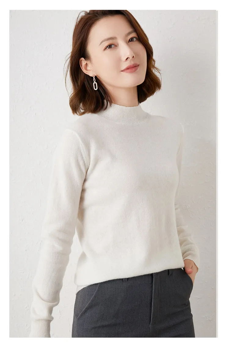 2024 Women Solid Half High Collar Cashmere Sweater Autumn Winter Loose Plus-Size Knitted Wool Casual Sweater Bottoming Shirt