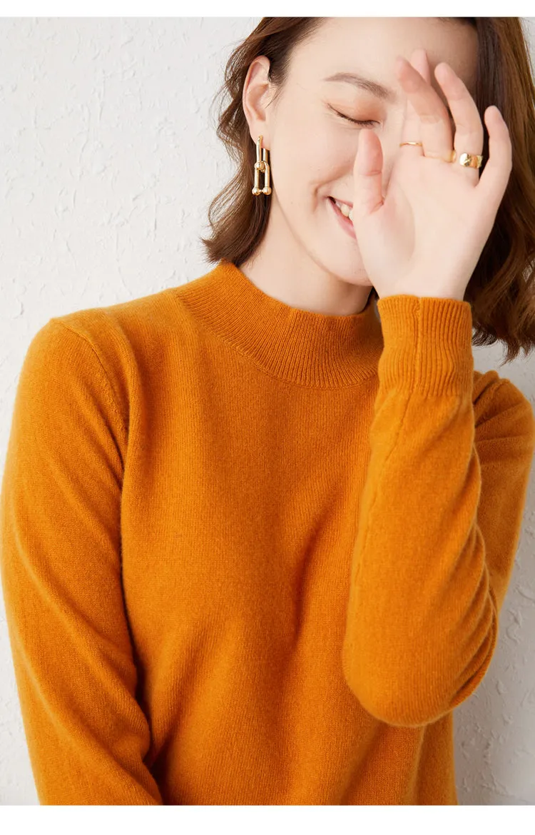 2024 Women Solid Half High Collar Cashmere Sweater Autumn Winter Loose Plus-Size Knitted Wool Casual Sweater Bottoming Shirt
