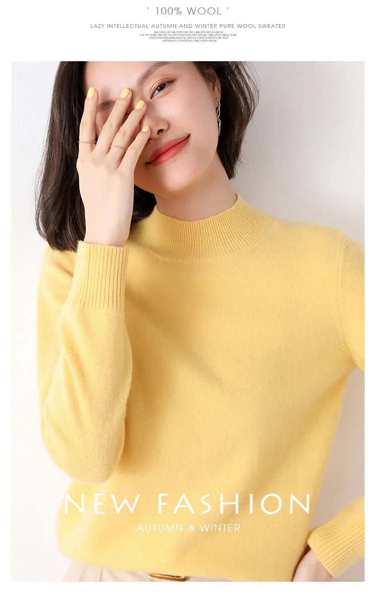 2024 Women Solid Half High Collar Cashmere Sweater Autumn Winter Loose Plus-Size Knitted Wool Casual Sweater Bottoming Shirt