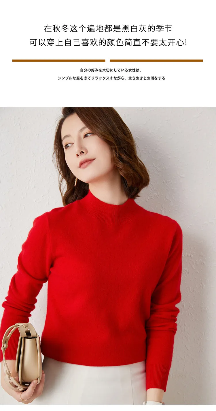 2024 Women Solid Half High Collar Cashmere Sweater Autumn Winter Loose Plus-Size Knitted Wool Casual Sweater Bottoming Shirt