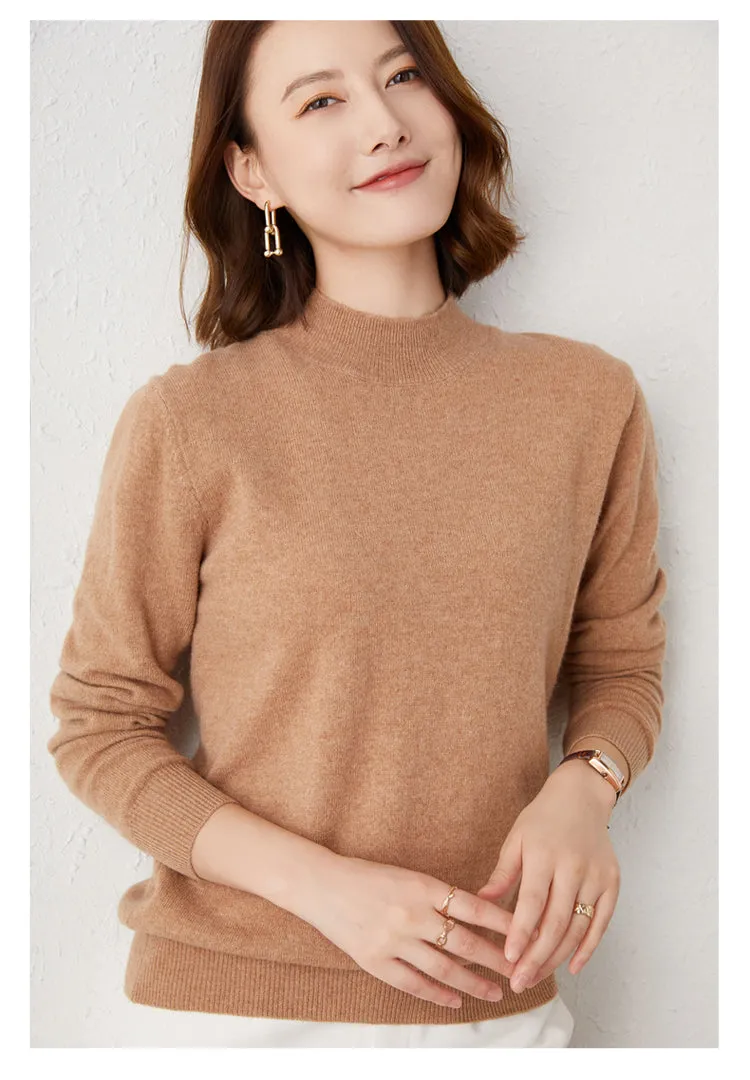2024 Women Solid Half High Collar Cashmere Sweater Autumn Winter Loose Plus-Size Knitted Wool Casual Sweater Bottoming Shirt