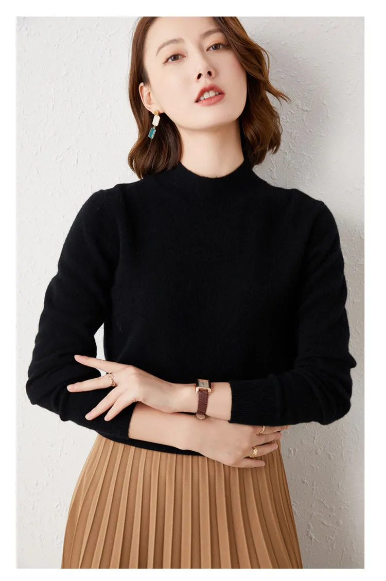 2024 Women Solid Half High Collar Cashmere Sweater Autumn Winter Loose Plus-Size Knitted Wool Casual Sweater Bottoming Shirt