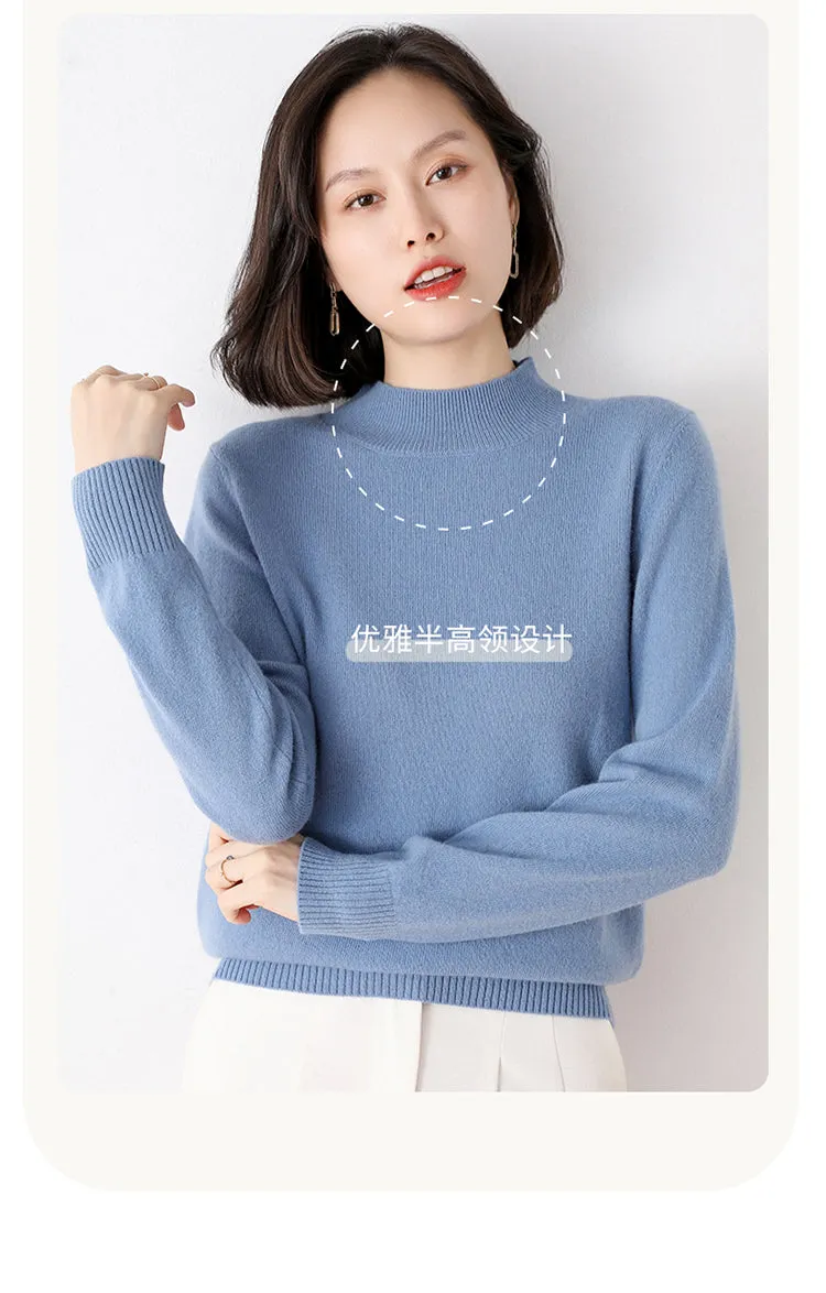 2024 Women Solid Half High Collar Cashmere Sweater Autumn Winter Loose Plus-Size Knitted Wool Casual Sweater Bottoming Shirt