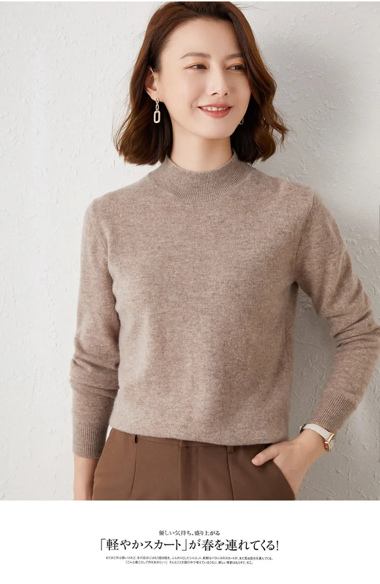 2024 Women Solid Half High Collar Cashmere Sweater Autumn Winter Loose Plus-Size Knitted Wool Casual Sweater Bottoming Shirt