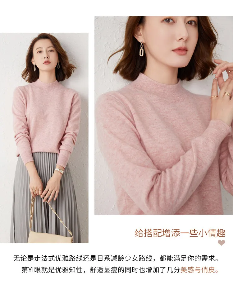 2024 Women Solid Half High Collar Cashmere Sweater Autumn Winter Loose Plus-Size Knitted Wool Casual Sweater Bottoming Shirt