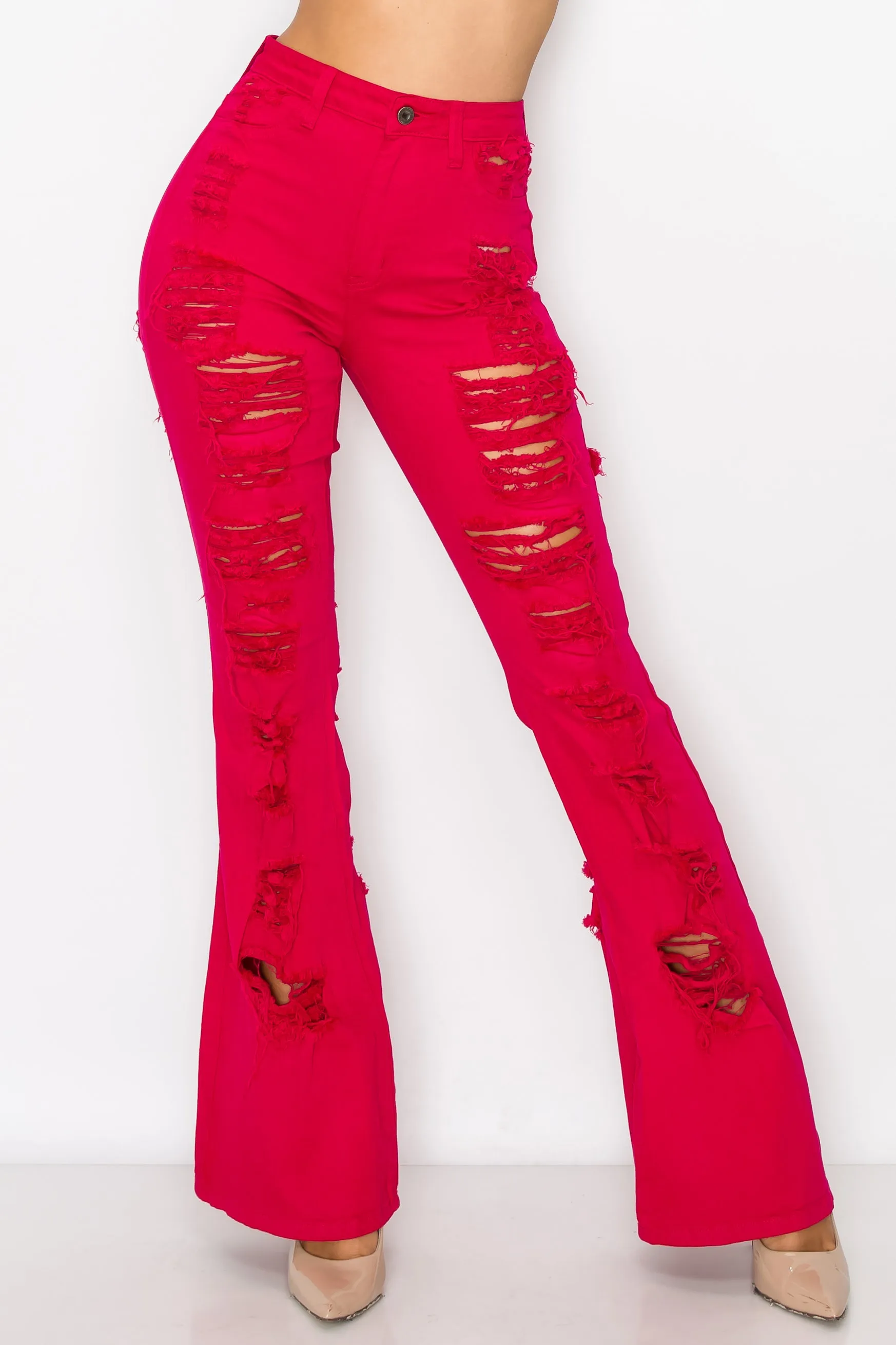 40260 Women's High Waisted Flare Jeans with Front and Back Slice Destruction