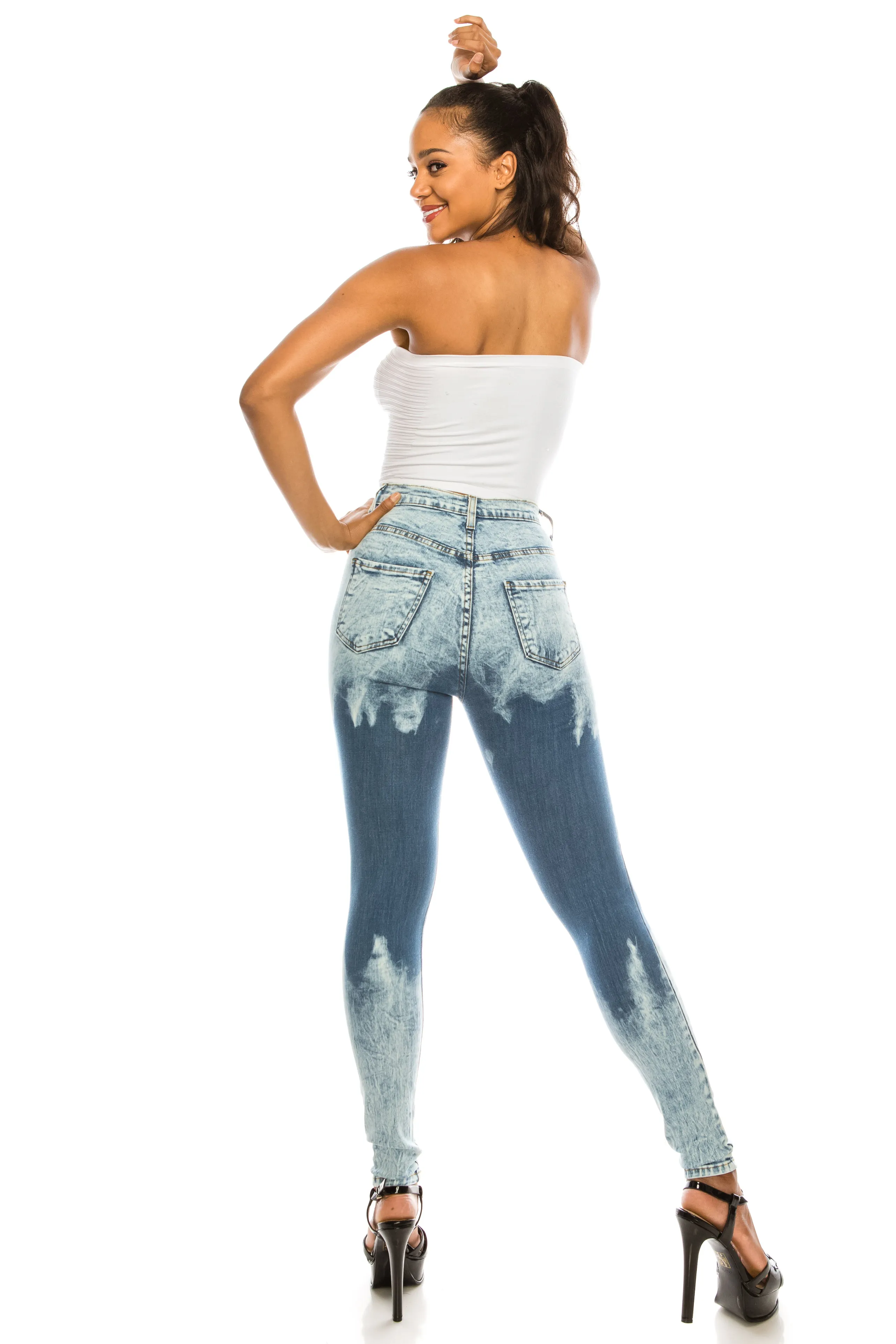 4599 Women's Super High Waisted Acid Washed Skinny Jeans