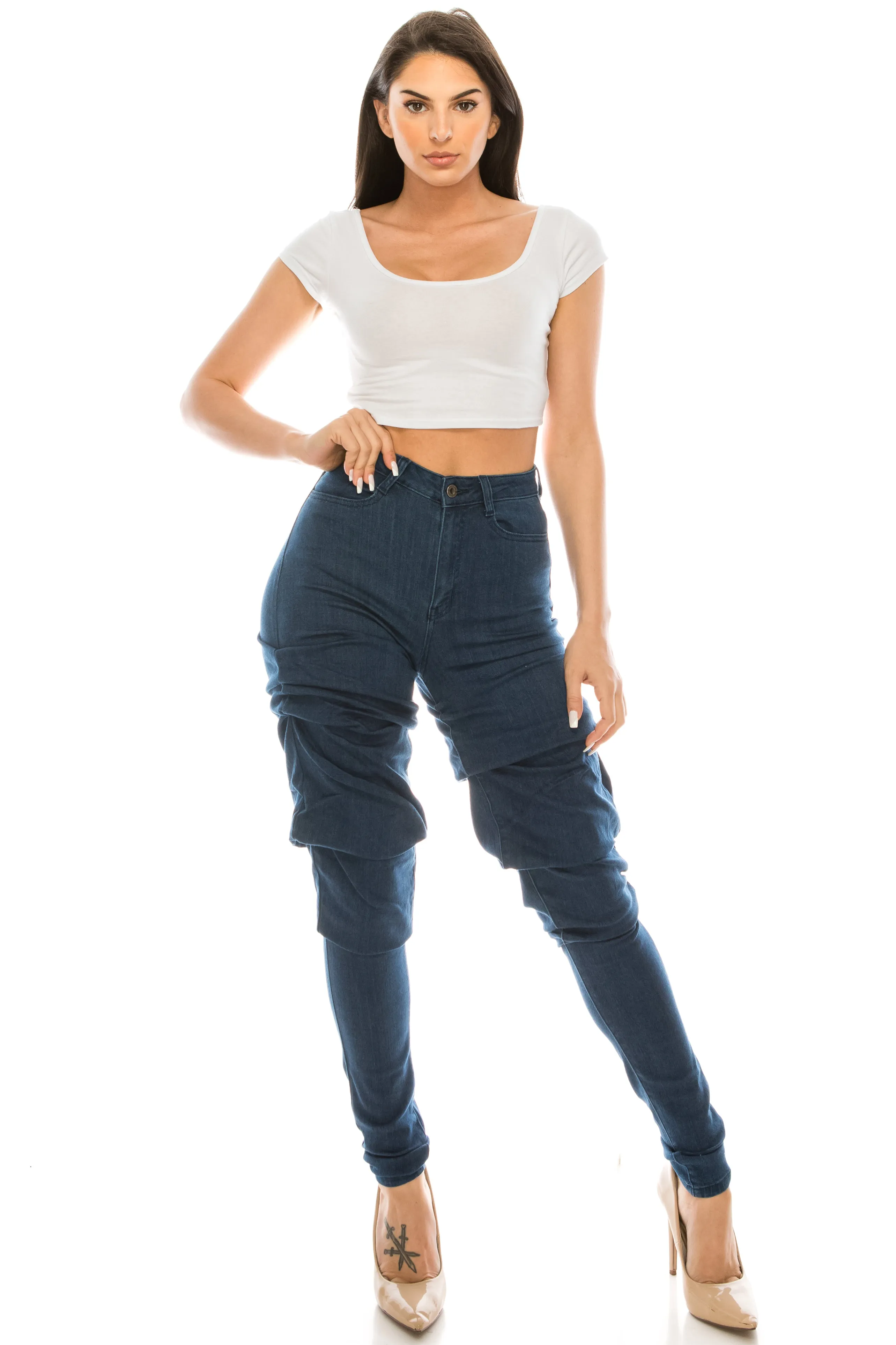 4685 Super High Waisted Scrunch Up Ruched Jeans
