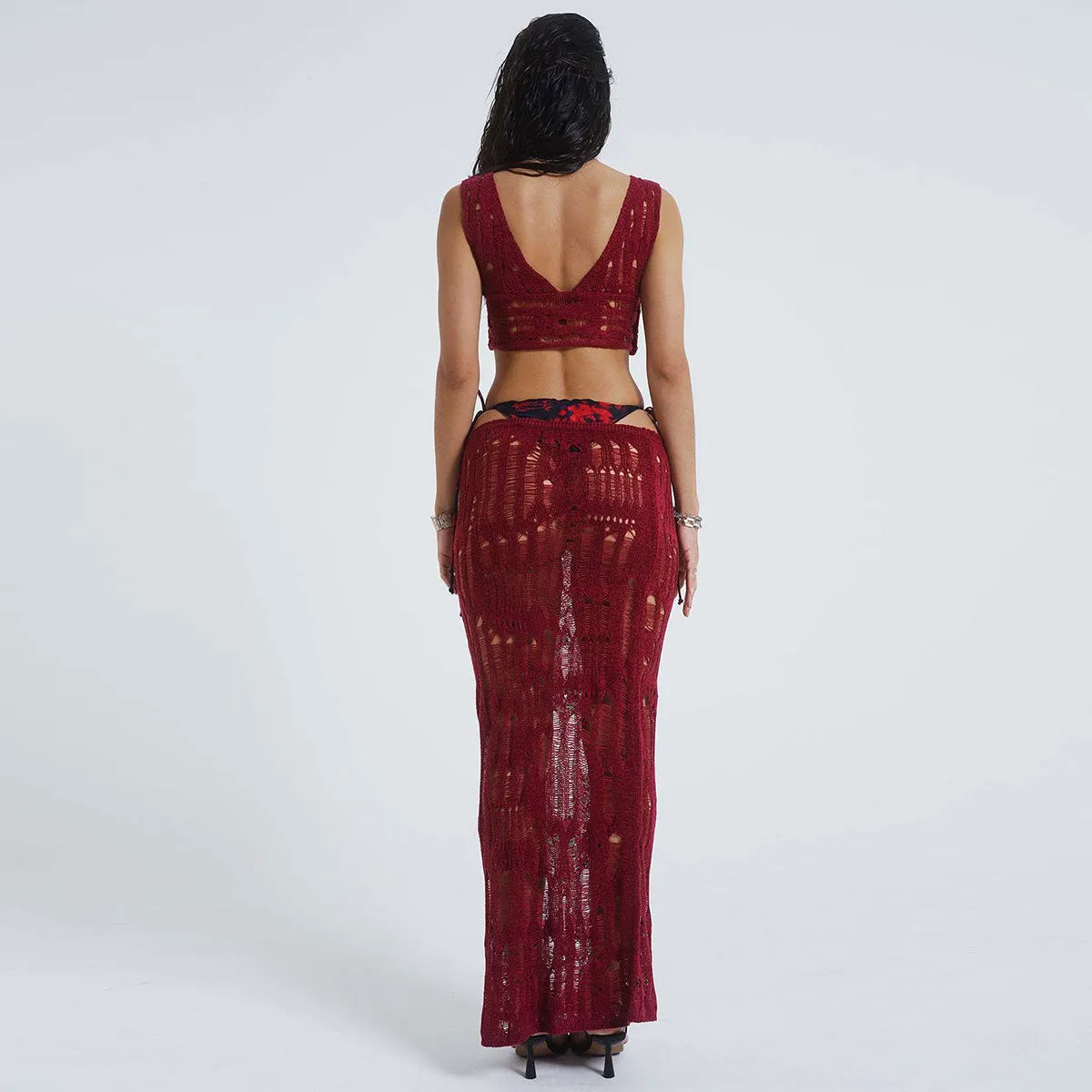 90s Ripped Ladder Knit Knit Tie Tank Top and Low Rise Maxi Skirt Matching Set