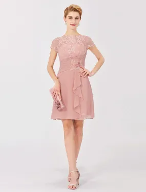 A-Line Illusion Neck Short / Mini Chiffon / Sheer Lace Mother of the Bride Dress with Side Draping / Flower/ Illusion Sleeve / See Through A-Line Illusion Neck Short / Mini Chiffon / Sheer Lace Mother of the Bride Dress with Side Draping / Flower/ Illusion Sleeve / See Through