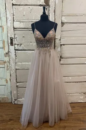 A-Line Tulle Beaded Long Prom Dress, Cute V-Neck Evening Party Dress A-Line Tulle Beaded Long Prom Dress, Cute V-Neck Evening Party Dress