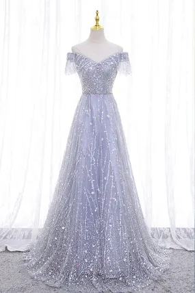 A-Line Tulle Sequins Long Prom Dress, Off the Shoulder Evening Party Dress A-Line Tulle Sequins Long Prom Dress, Off the Shoulder Evening Party Dress