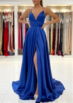 A-line V Neck Sleeveless Charmeuse Sweep Train Prom Dress With Split A-line V Neck Sleeveless Charmeuse Sweep Train Prom Dress With Split