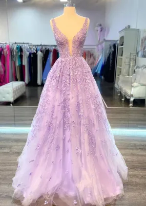 A-line V Neck Sleeveless Long/Floor-Length Lace Prom Dress With Beading A-line V Neck Sleeveless Long/Floor-Length Lace Prom Dress With Beading