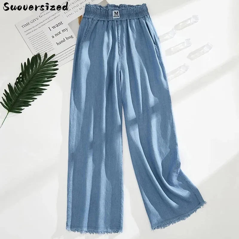 Ankle-length Straight Leg Jeans Summer Elastic High Waist Wide Leg Denim Baggy Pants Women Oversize 4xl Pantalones Blue Vaqueros
