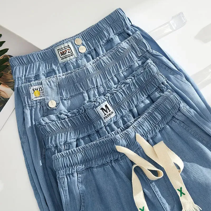 Ankle-length Straight Leg Jeans Summer Elastic High Waist Wide Leg Denim Baggy Pants Women Oversize 4xl Pantalones Blue Vaqueros