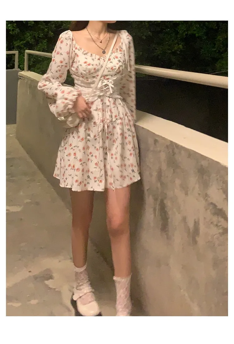 Autumn Vintage Elegant Strap Dress Women Floral Retro Evening Party Midi Dresses Print Casual Sweet Korean Fashion Dresses
