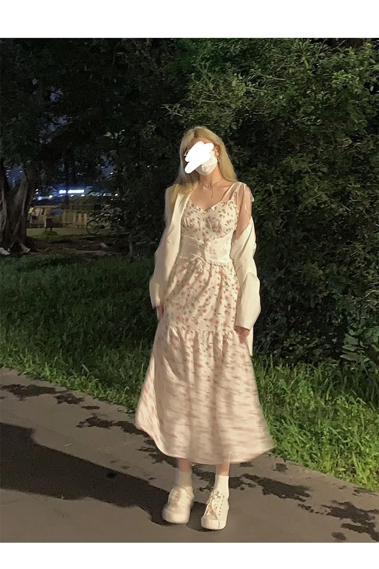 Autumn Vintage Elegant Strap Dress Women Floral Retro Evening Party Midi Dresses Print Casual Sweet Korean Fashion Dresses