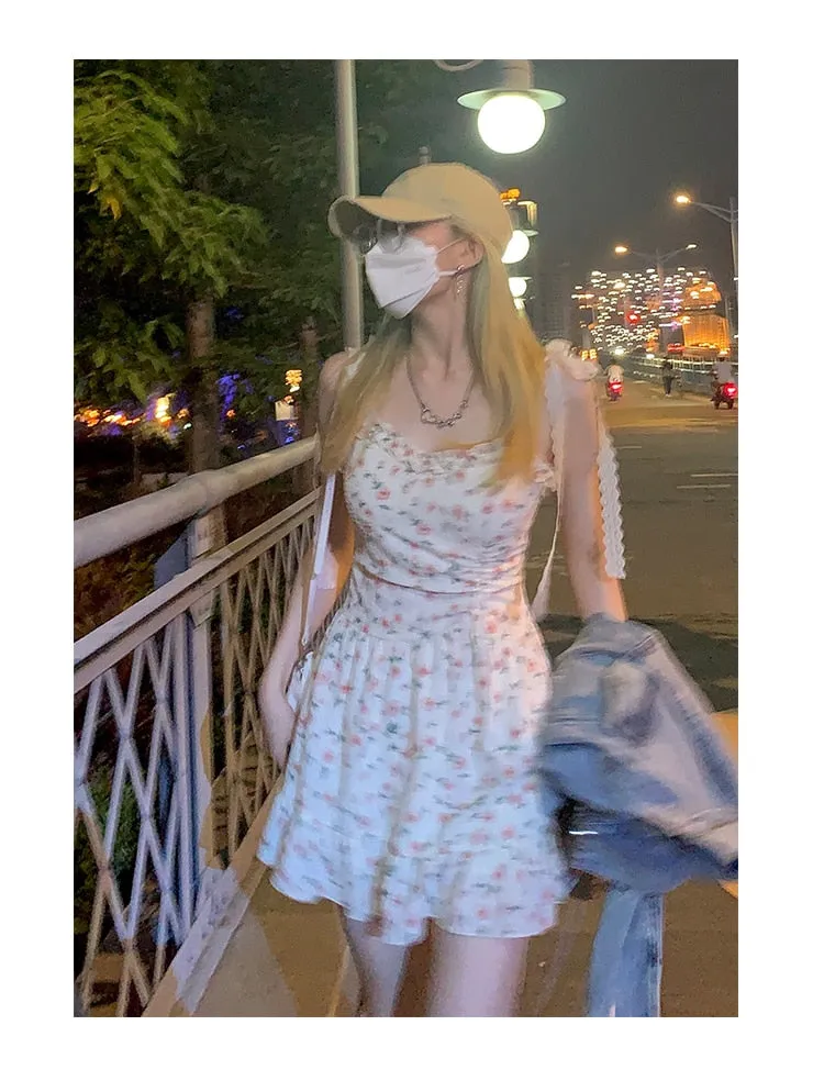 Autumn Vintage Elegant Strap Dress Women Floral Retro Evening Party Midi Dresses Print Casual Sweet Korean Fashion Dresses