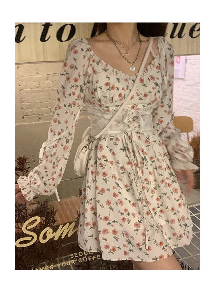 Autumn Vintage Elegant Strap Dress Women Floral Retro Evening Party Midi Dresses Print Casual Sweet Korean Fashion Dresses