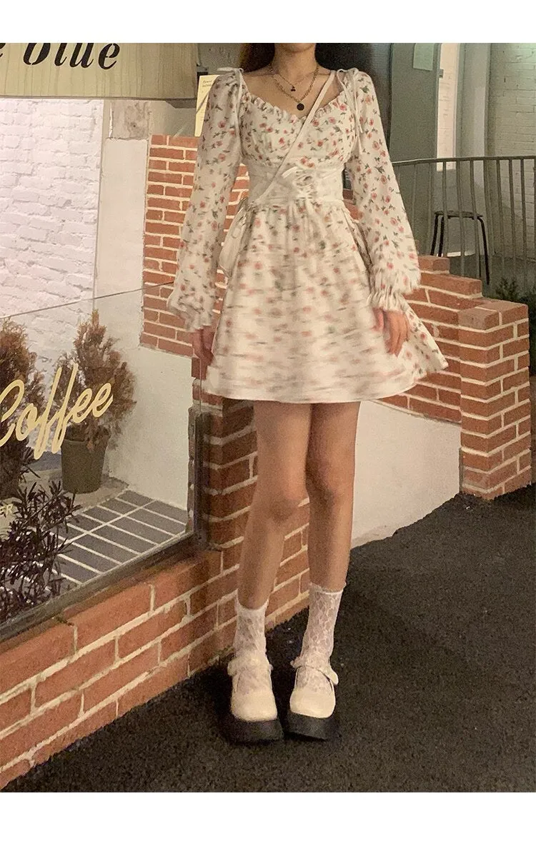 Autumn Vintage Elegant Strap Dress Women Floral Retro Evening Party Midi Dresses Print Casual Sweet Korean Fashion Dresses