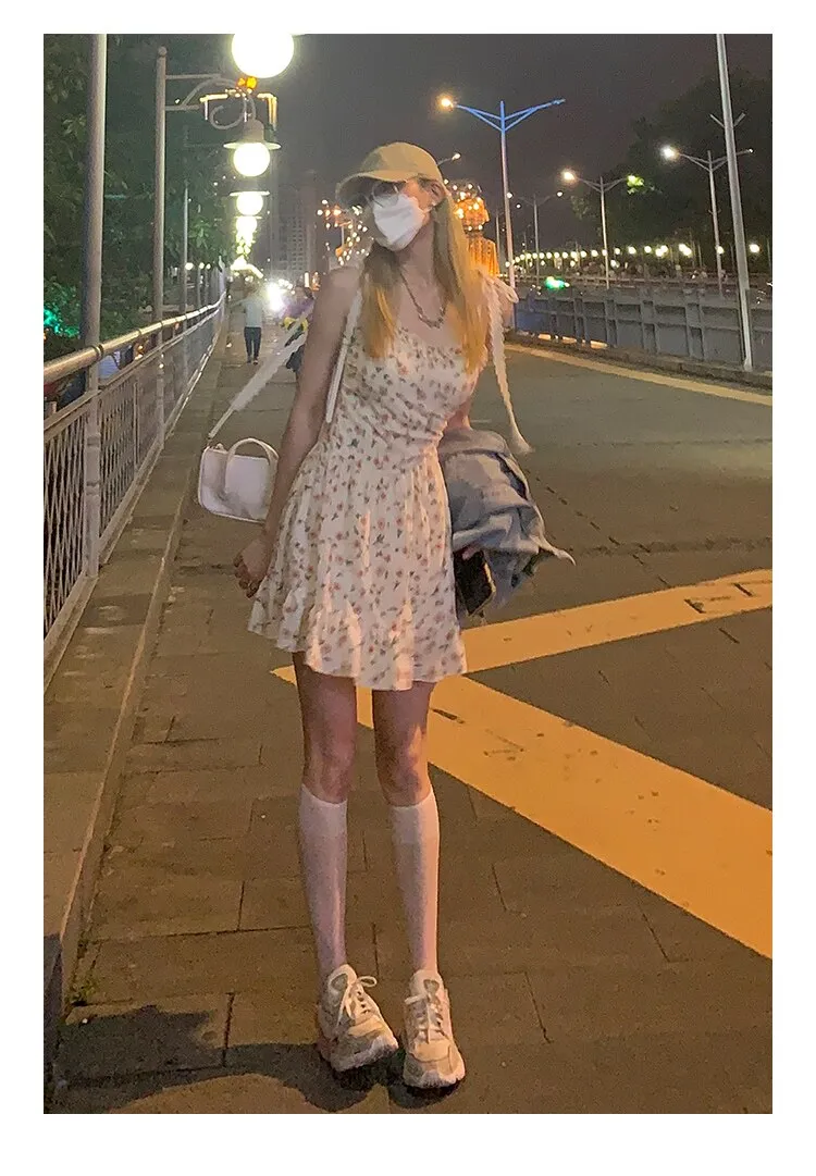 Autumn Vintage Elegant Strap Dress Women Floral Retro Evening Party Midi Dresses Print Casual Sweet Korean Fashion Dresses