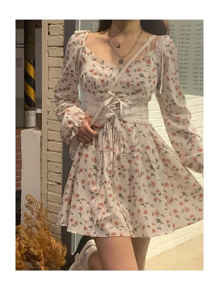 Autumn Vintage Elegant Strap Dress Women Floral Retro Evening Party Midi Dresses Print Casual Sweet Korean Fashion Dresses
