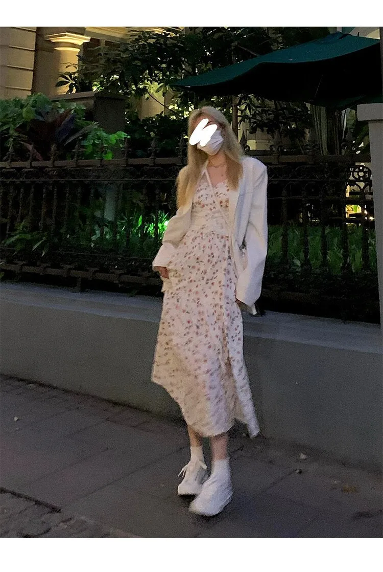 Autumn Vintage Elegant Strap Dress Women Floral Retro Evening Party Midi Dresses Print Casual Sweet Korean Fashion Dresses