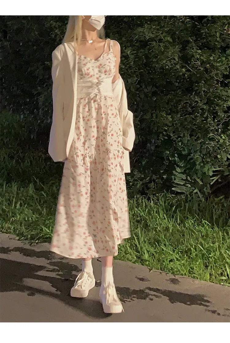 Autumn Vintage Elegant Strap Dress Women Floral Retro Evening Party Midi Dresses Print Casual Sweet Korean Fashion Dresses