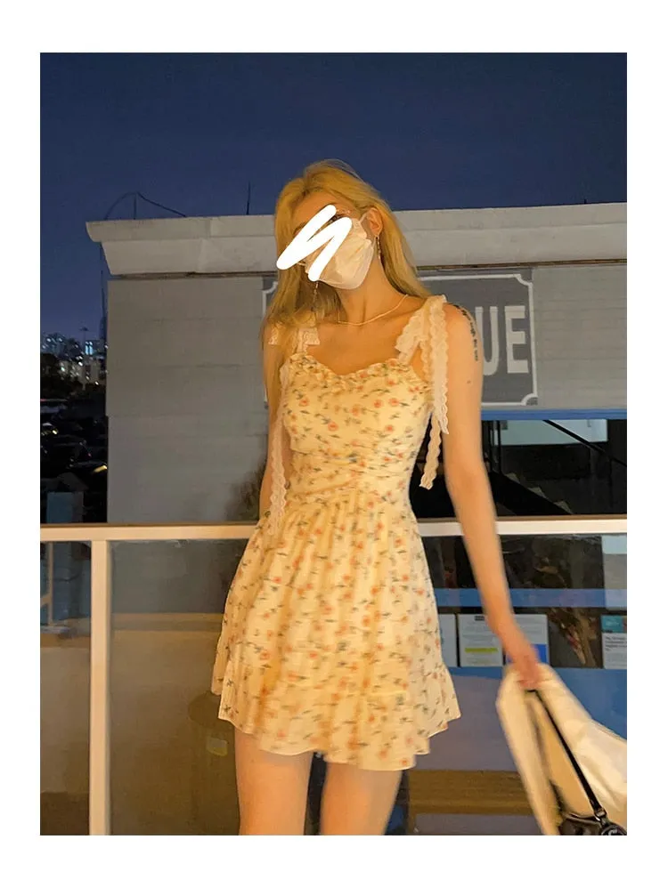 Autumn Vintage Elegant Strap Dress Women Floral Retro Evening Party Midi Dresses Print Casual Sweet Korean Fashion Dresses