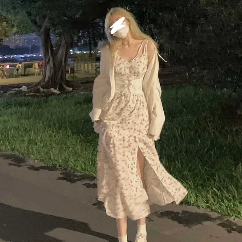 Autumn Vintage Elegant Strap Dress Women Floral Retro Evening Party Midi Dresses Print Casual Sweet Korean Fashion Dresses