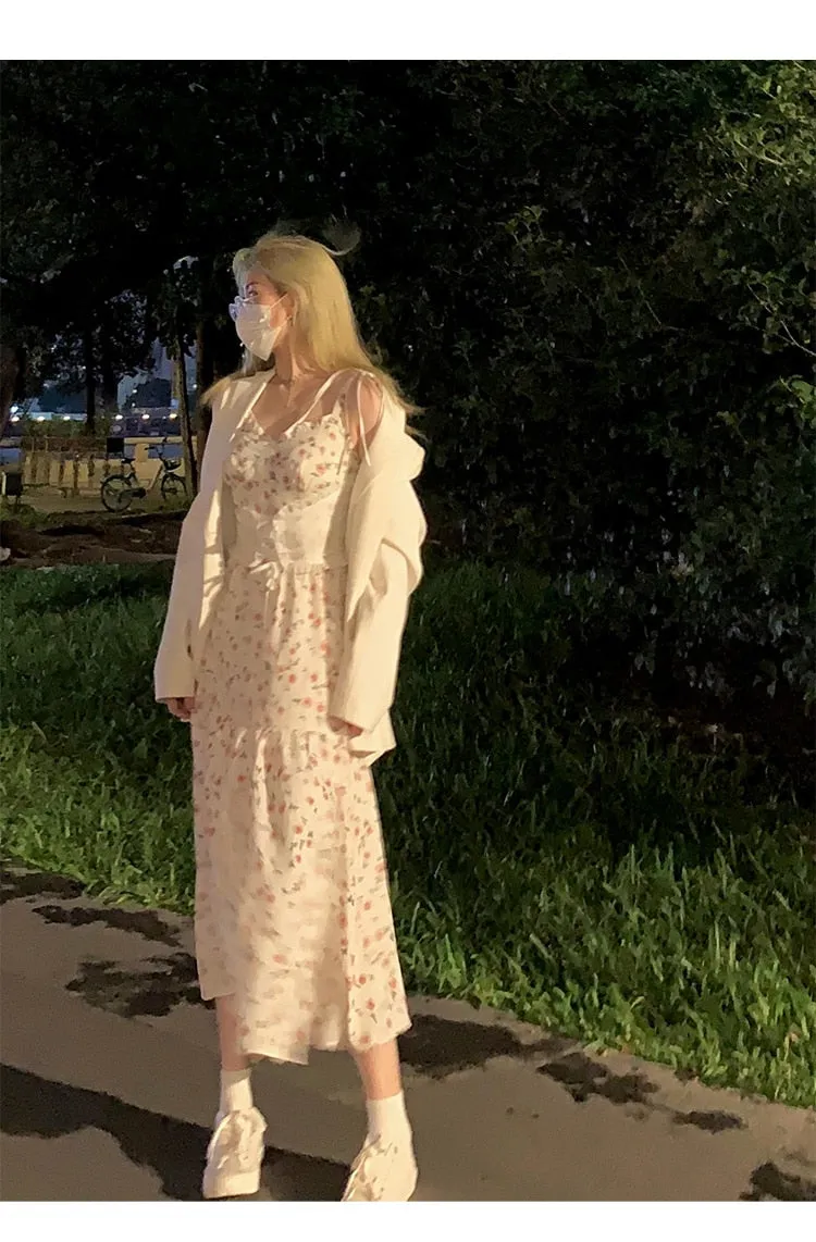 Autumn Vintage Elegant Strap Dress Women Floral Retro Evening Party Midi Dresses Print Casual Sweet Korean Fashion Dresses