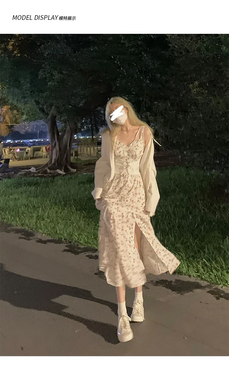 Autumn Vintage Elegant Strap Dress Women Floral Retro Evening Party Midi Dresses Print Casual Sweet Korean Fashion Dresses