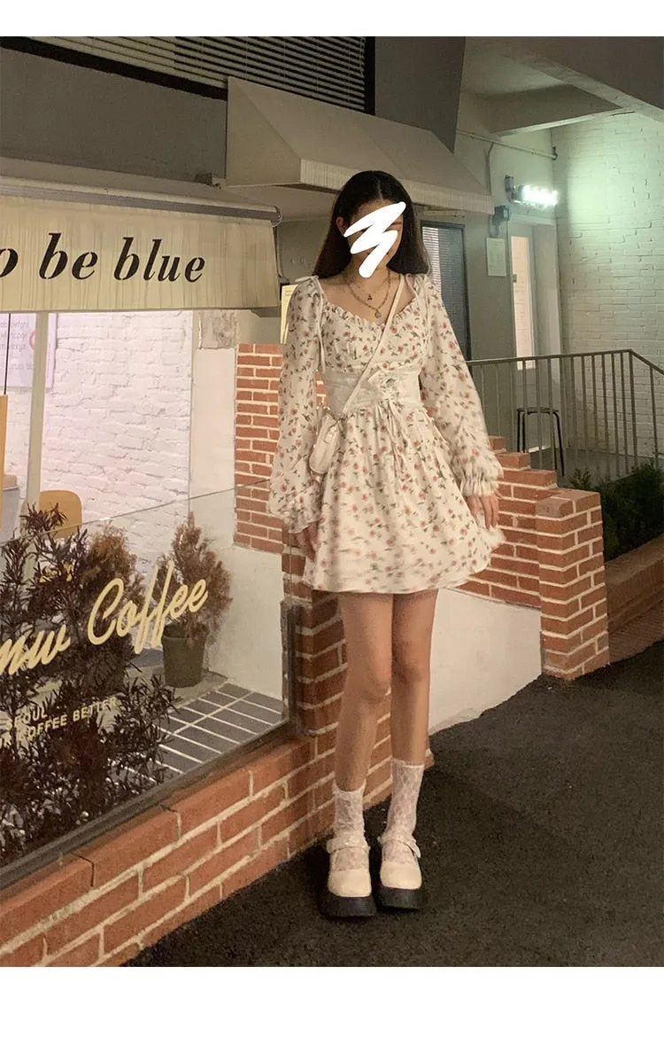 Autumn Vintage Elegant Strap Dress Women Floral Retro Evening Party Midi Dresses Print Casual Sweet Korean Fashion Dresses