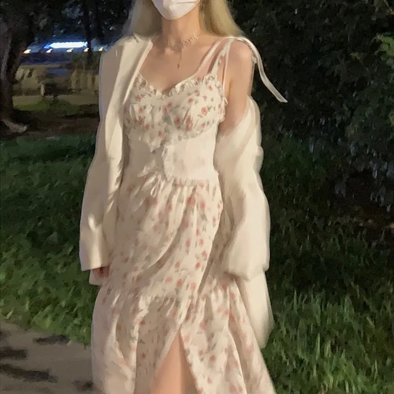 Autumn Vintage Elegant Strap Dress Women Floral Retro Evening Party Midi Dresses Print Casual Sweet Korean Fashion Dresses