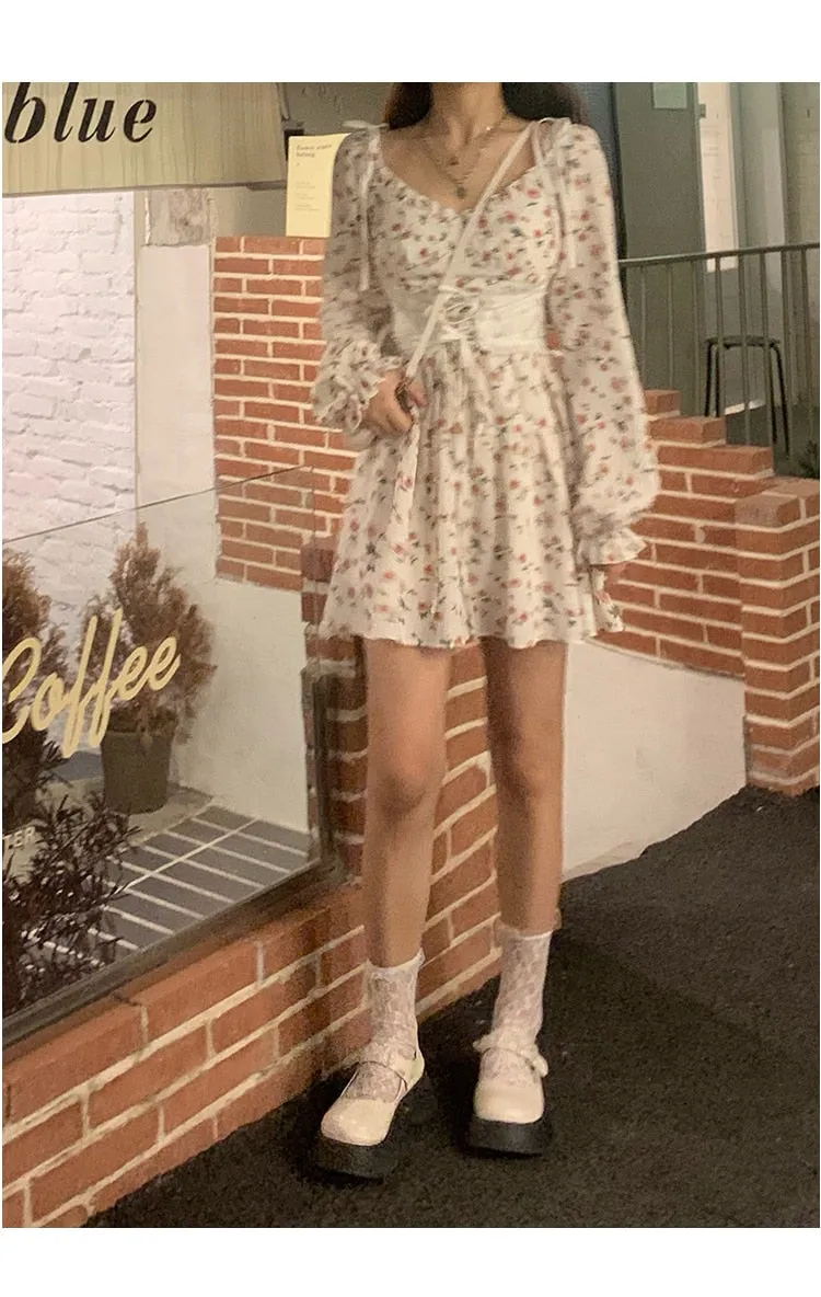 Autumn Vintage Elegant Strap Dress Women Floral Retro Evening Party Midi Dresses Print Casual Sweet Korean Fashion Dresses