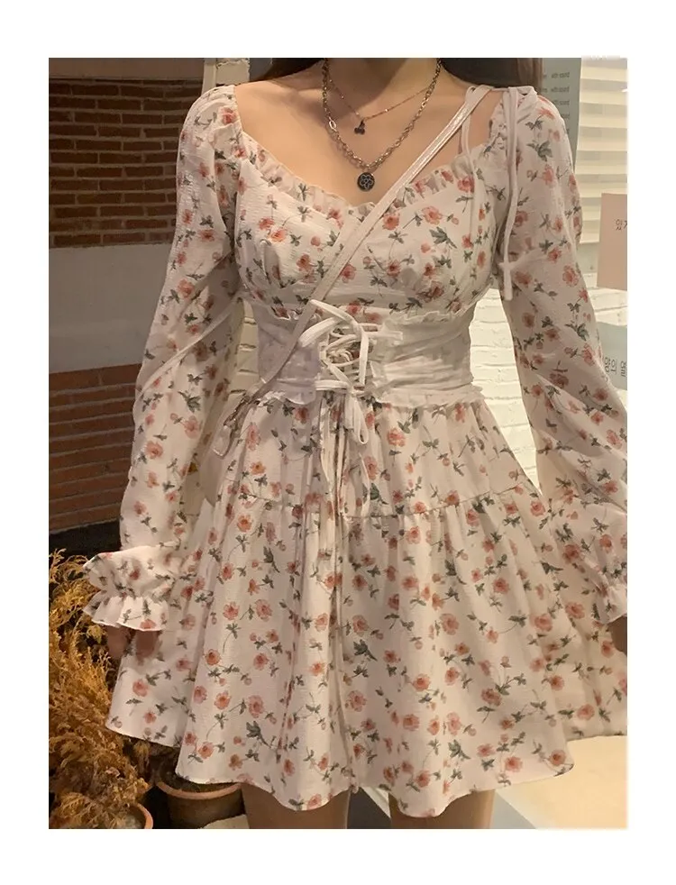 Autumn Vintage Elegant Strap Dress Women Floral Retro Evening Party Midi Dresses Print Casual Sweet Korean Fashion Dresses