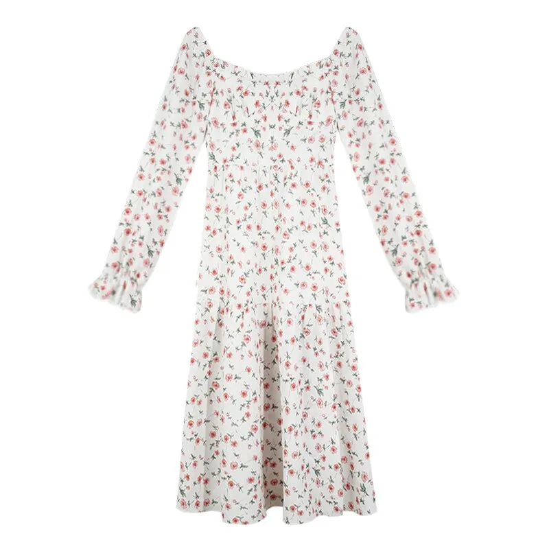 Autumn Vintage Elegant Strap Dress Women Floral Retro Evening Party Midi Dresses Print Casual Sweet Korean Fashion Dresses