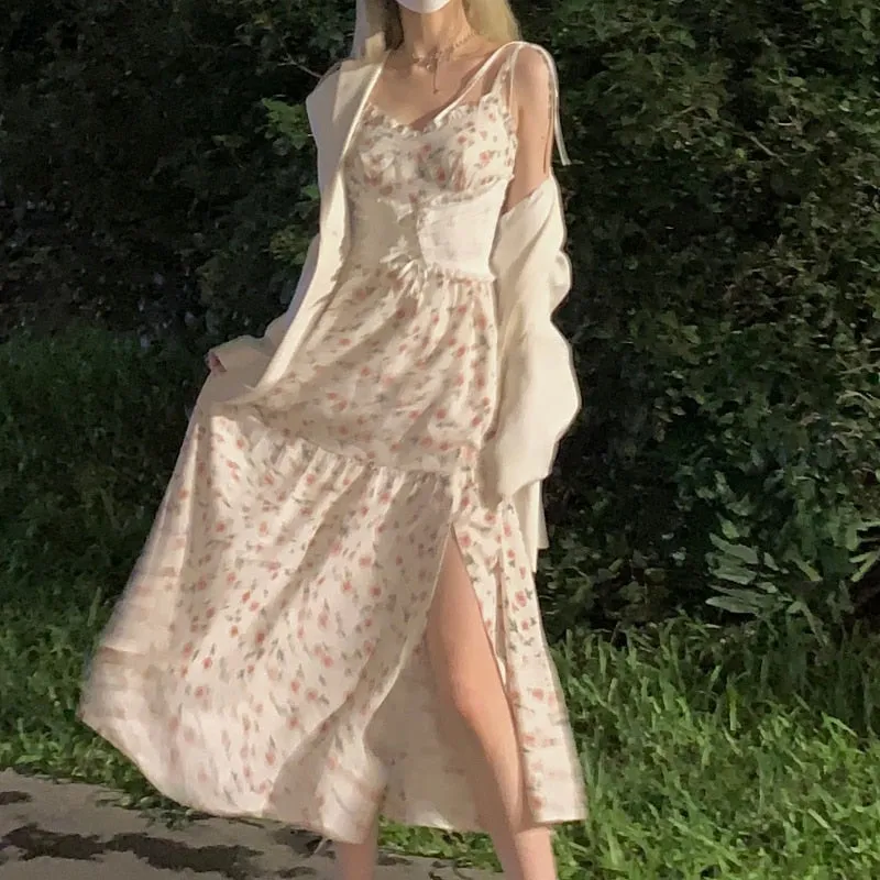 Autumn Vintage Elegant Strap Dress Women Floral Retro Evening Party Midi Dresses Print Casual Sweet Korean Fashion Dresses