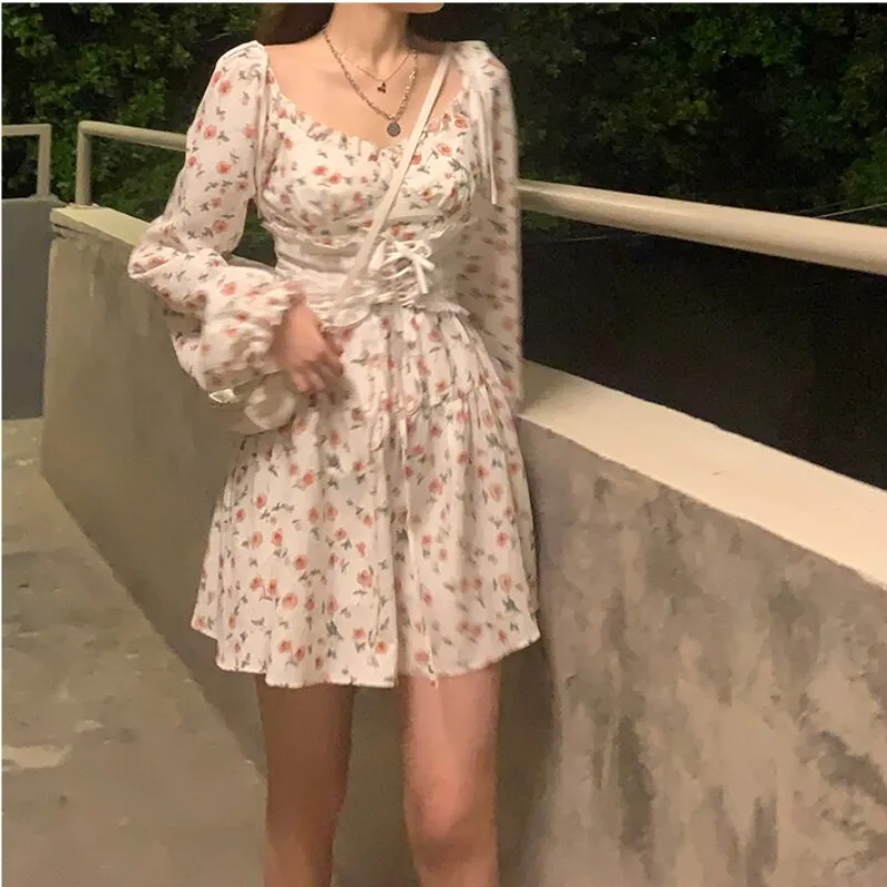 Autumn Vintage Elegant Strap Dress Women Floral Retro Evening Party Midi Dresses Print Casual Sweet Korean Fashion Dresses