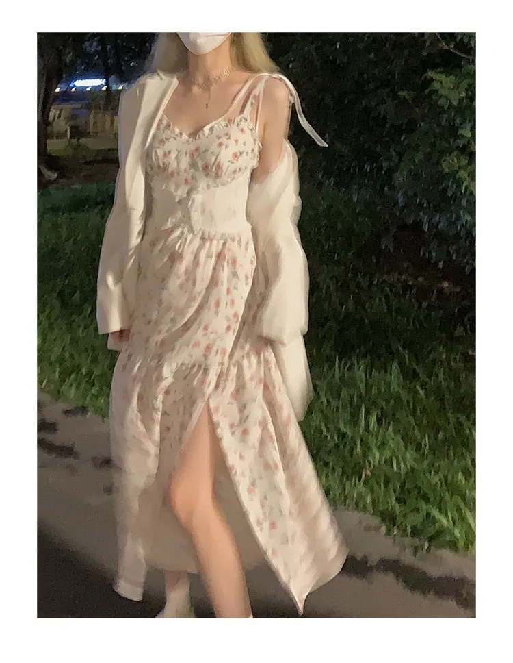 Autumn Vintage Elegant Strap Dress Women Floral Retro Evening Party Midi Dresses Print Casual Sweet Korean Fashion Dresses