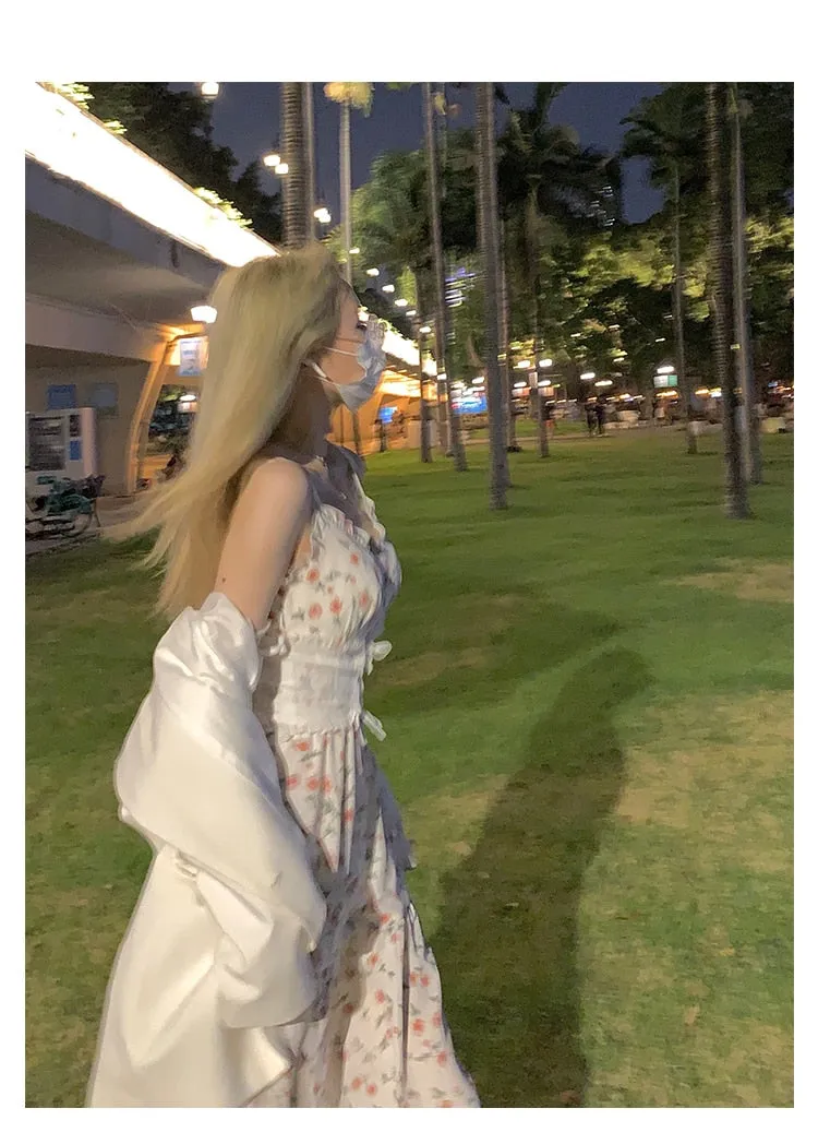 Autumn Vintage Elegant Strap Dress Women Floral Retro Evening Party Midi Dresses Print Casual Sweet Korean Fashion Dresses