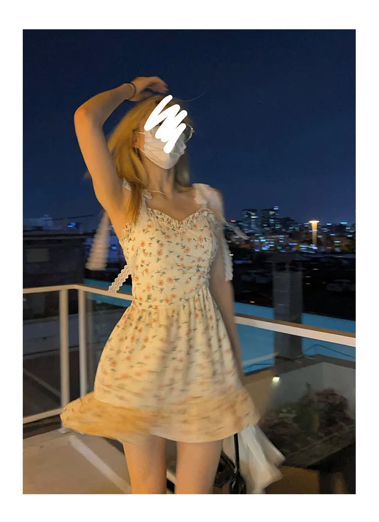 Autumn Vintage Elegant Strap Dress Women Floral Retro Evening Party Midi Dresses Print Casual Sweet Korean Fashion Dresses