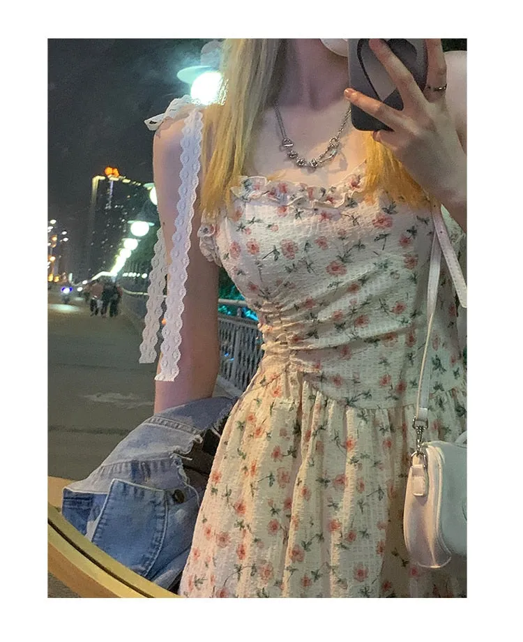 Autumn Vintage Elegant Strap Dress Women Floral Retro Evening Party Midi Dresses Print Casual Sweet Korean Fashion Dresses