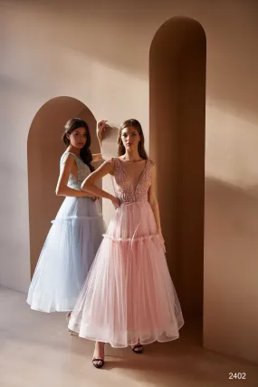 Beaded V-Neck Tulle Midi Dress with Ruffles Beaded V-Neck Tulle Midi Dress with Ruffles
