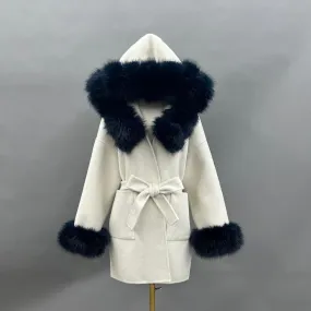 Beige/Navy Cashmere Coat With Faux Fur Trim Beige/Navy Cashmere Coat With Faux Fur Trim