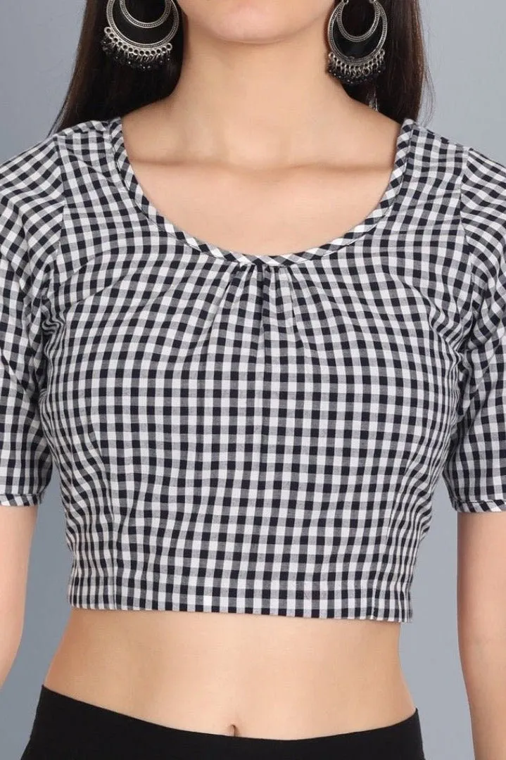 Black and White Check Gathered Blouse
