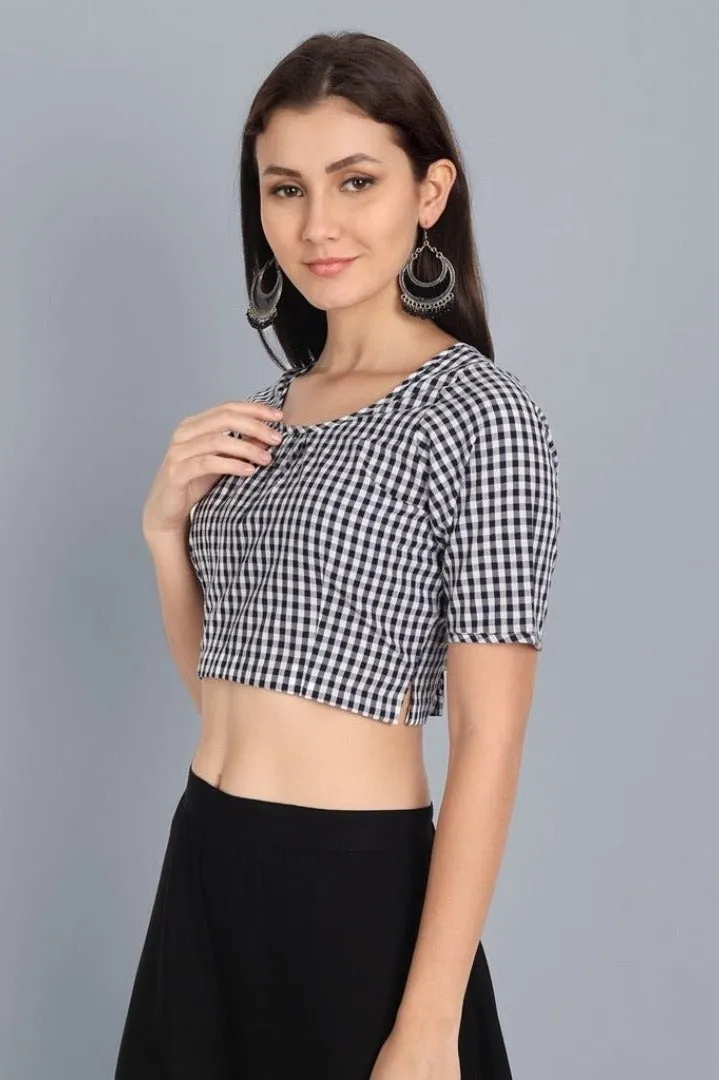 Black and White Check Gathered Blouse