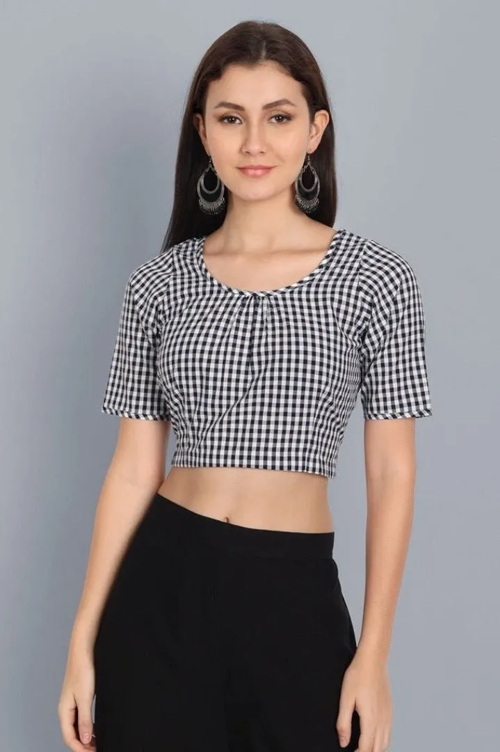 Black and White Check Gathered Blouse